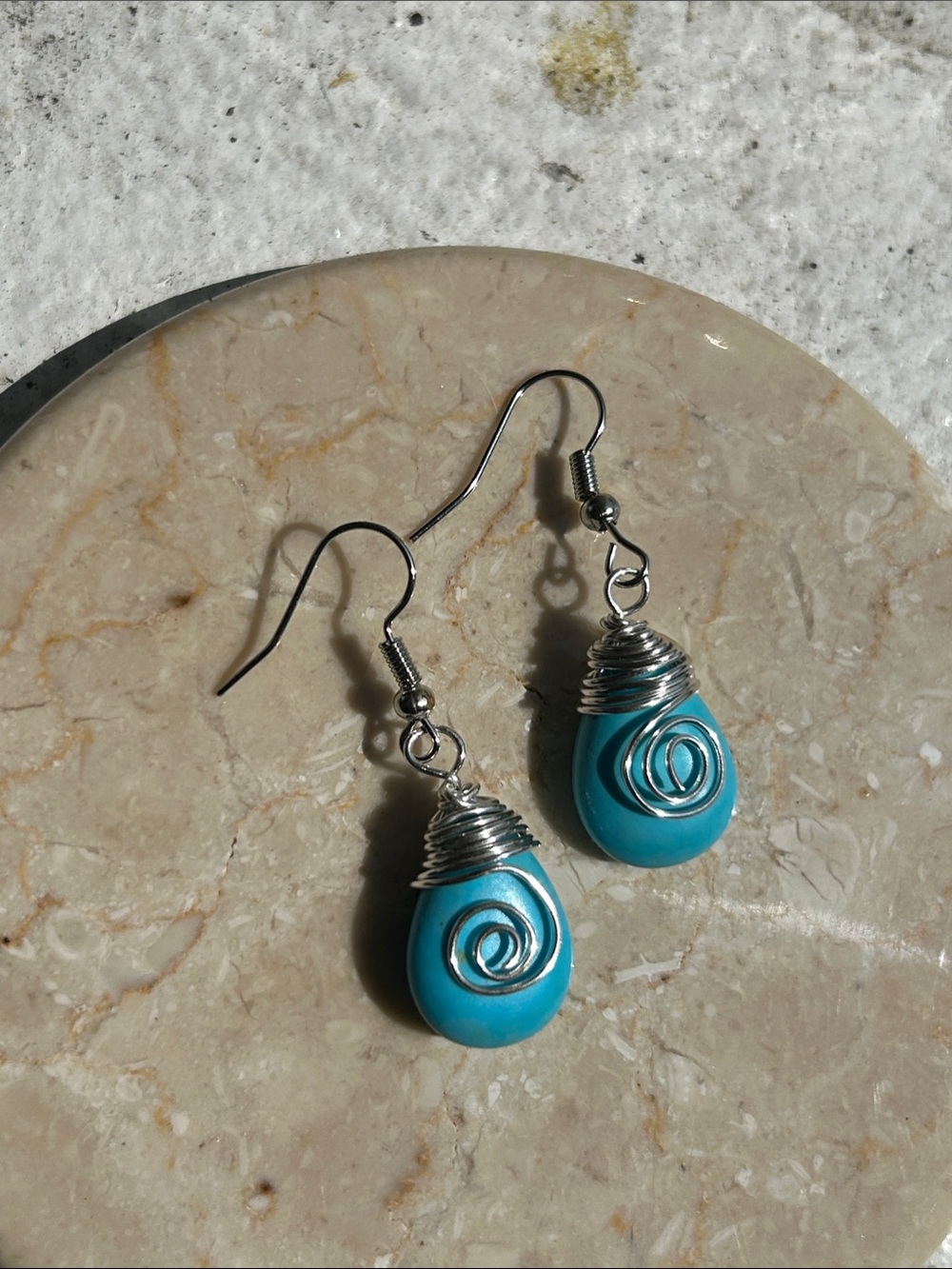Artisan Teal Howlite Teardrop Wire-Wrapped Dangle Earrings
